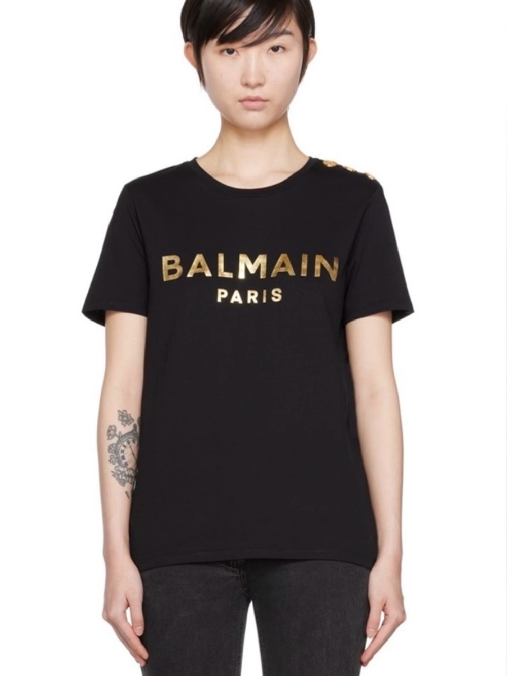 Balmain Black Short Sleeve Tee with Gold Logo and Gold Shoulder Buttons Size M